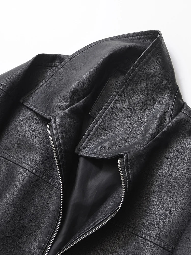 Ailegogo Streetwear Women Retro Loose Short Pu Faux Leather Jacket
