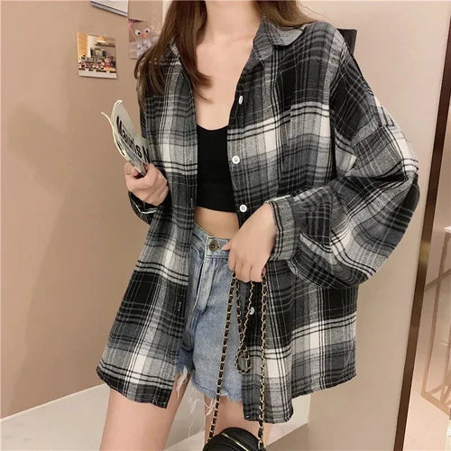 Plaid Shirt Women Autumn Long Sleeve Top Female Vintage Fashion Single