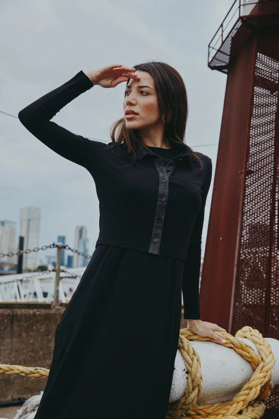 AS AW25 new design ribbing cardigan with denim collar + sleeveless maxi dress matching set for woman clothes