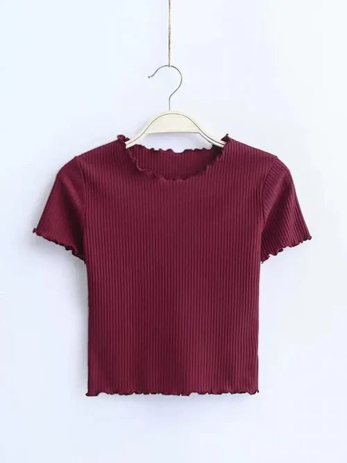 AOSSVIAO Vintage Wood ears O neck Short sleeve T-shirt 2024 New Woman