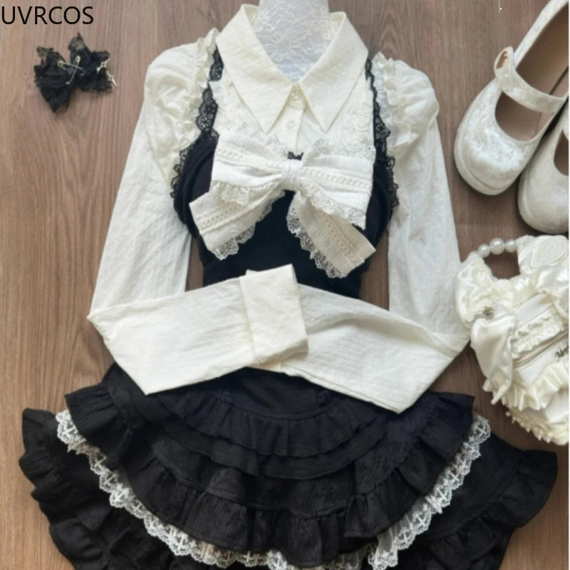 Y2k Aesthetic Lolita Style 3 Piece Set Women Kawaii White Shirt Bow