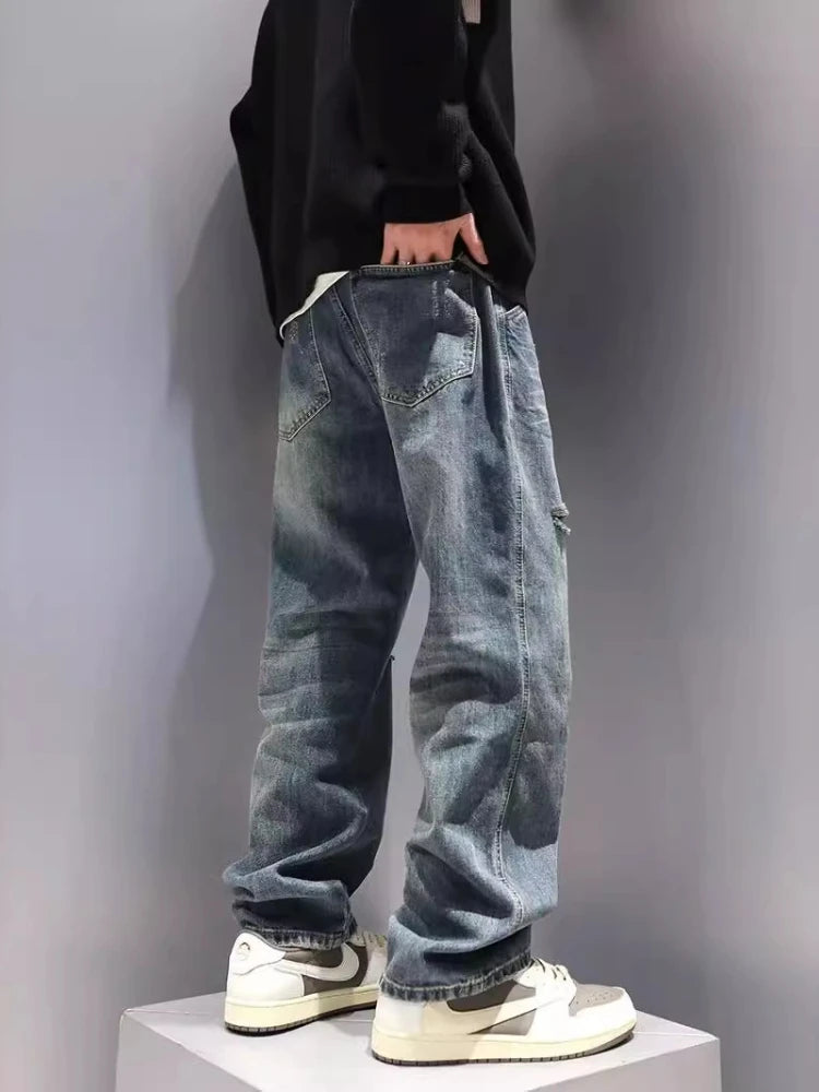 New Men's Ripped Jeans Baggy Straight Fashion Vintage Blue Denim Pants