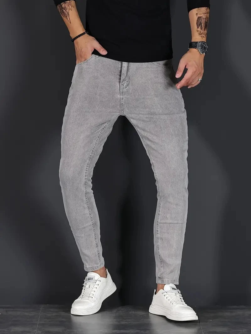 Mens Pants Pure Color Stretch Jeans Street Casual Slim Fit Trousers