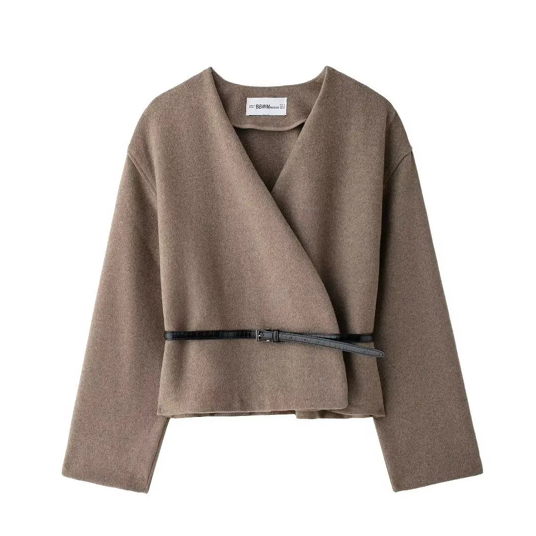 EDSA Women Soft Belted Jacket Wrap V-neck Long Sleeves New Elegant Lady Commute Outwear for Female