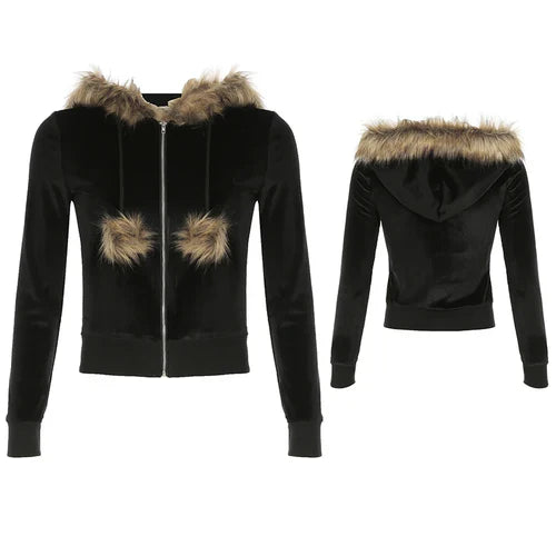 Cuteandpsycho Zip Up Fur Neck Hoodie Coats Fashion Slim Solid Y2K