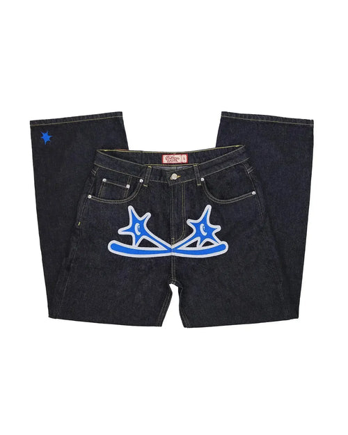 Y2K Men blue letter printed jeans high-end fashion hip-hop trend