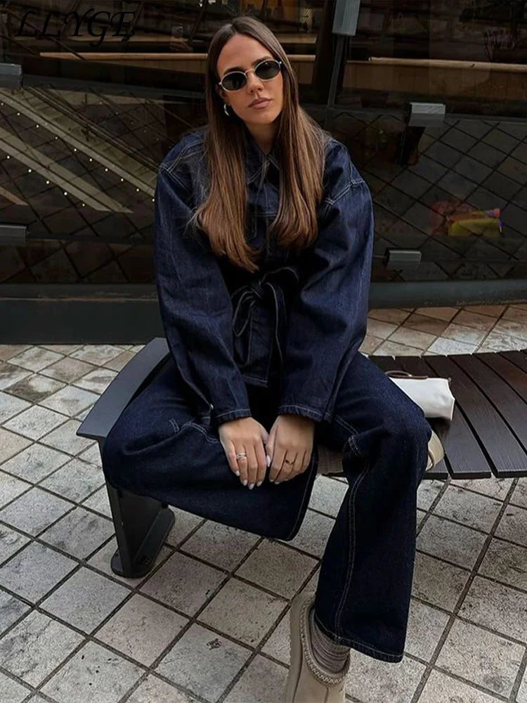 Vintage Belt Denim Jacket Pants Set Women Lapel Single Breasted