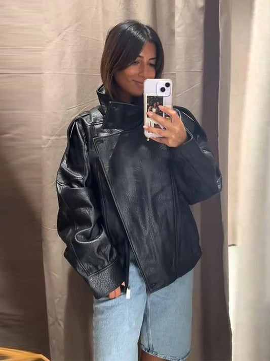 Street Stand Collar Women's Leather Jacket Loose Long Sleeve Zipper Pockets Chic Female Coats 2025 Autumn Winter Lady Outerwear
