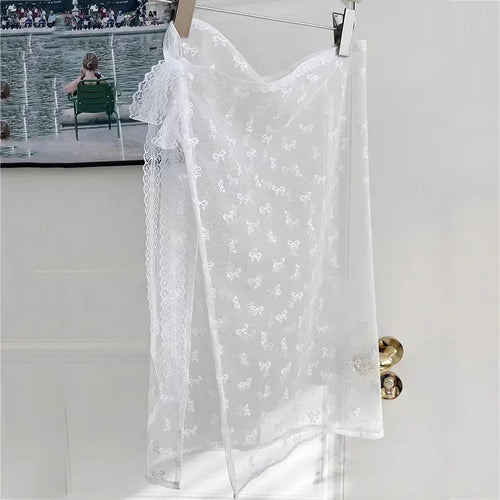 Lace Layered Gauze Skirt with Tie Up Women Vintage Bowknot Print