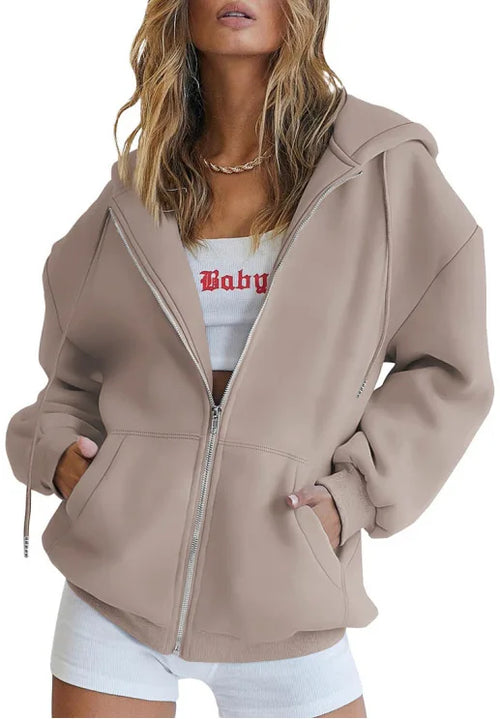 Fashion Gray Zip Up Sweatshirt Women Autumn Winter Jacket Clothes