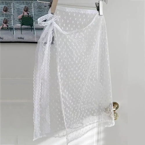 Lace Layered Gauze Skirt with Tie Up Women Vintage Bowknot Print