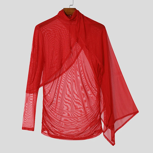 Fashion Sexy Style Tops INCERUN New Men's See-through Pleated T-shirt