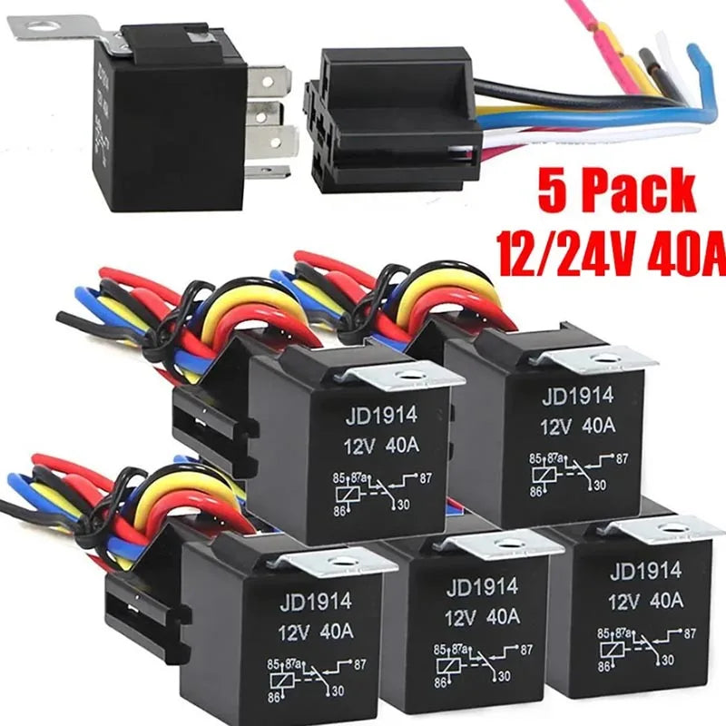 5Pcs Waterproof Automotive Relay 12V 24V 5Pin 40A Car Relay with Black