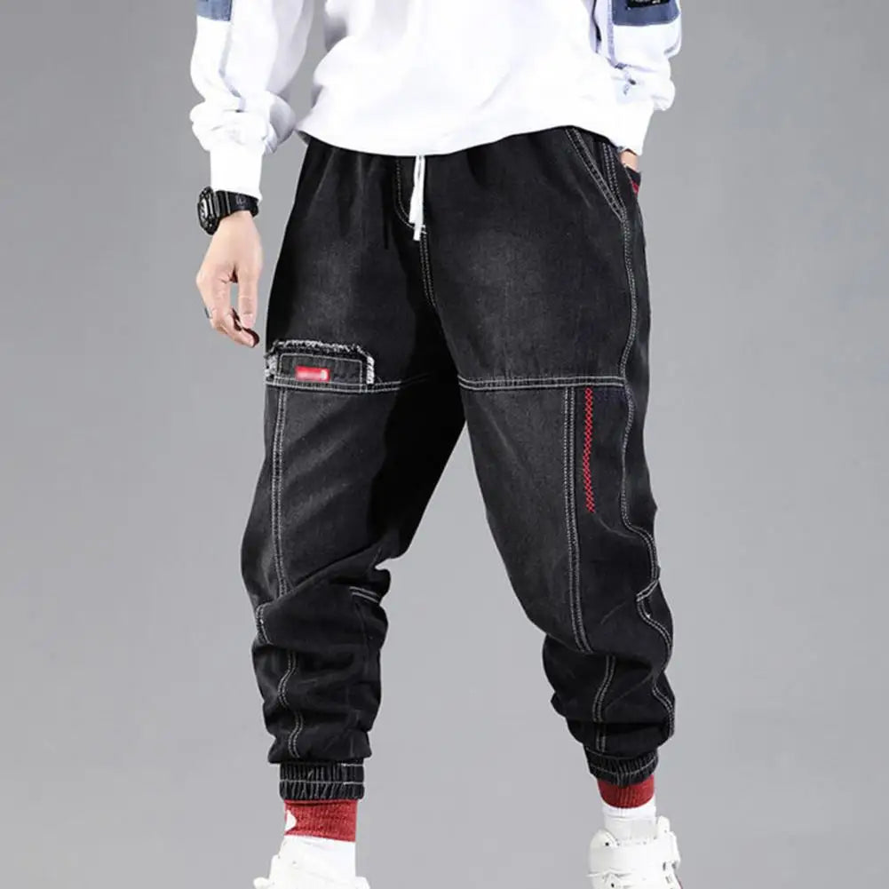 Loose Denim Pants Men Jeans Solid Color Drawstring Waist Harem Pants