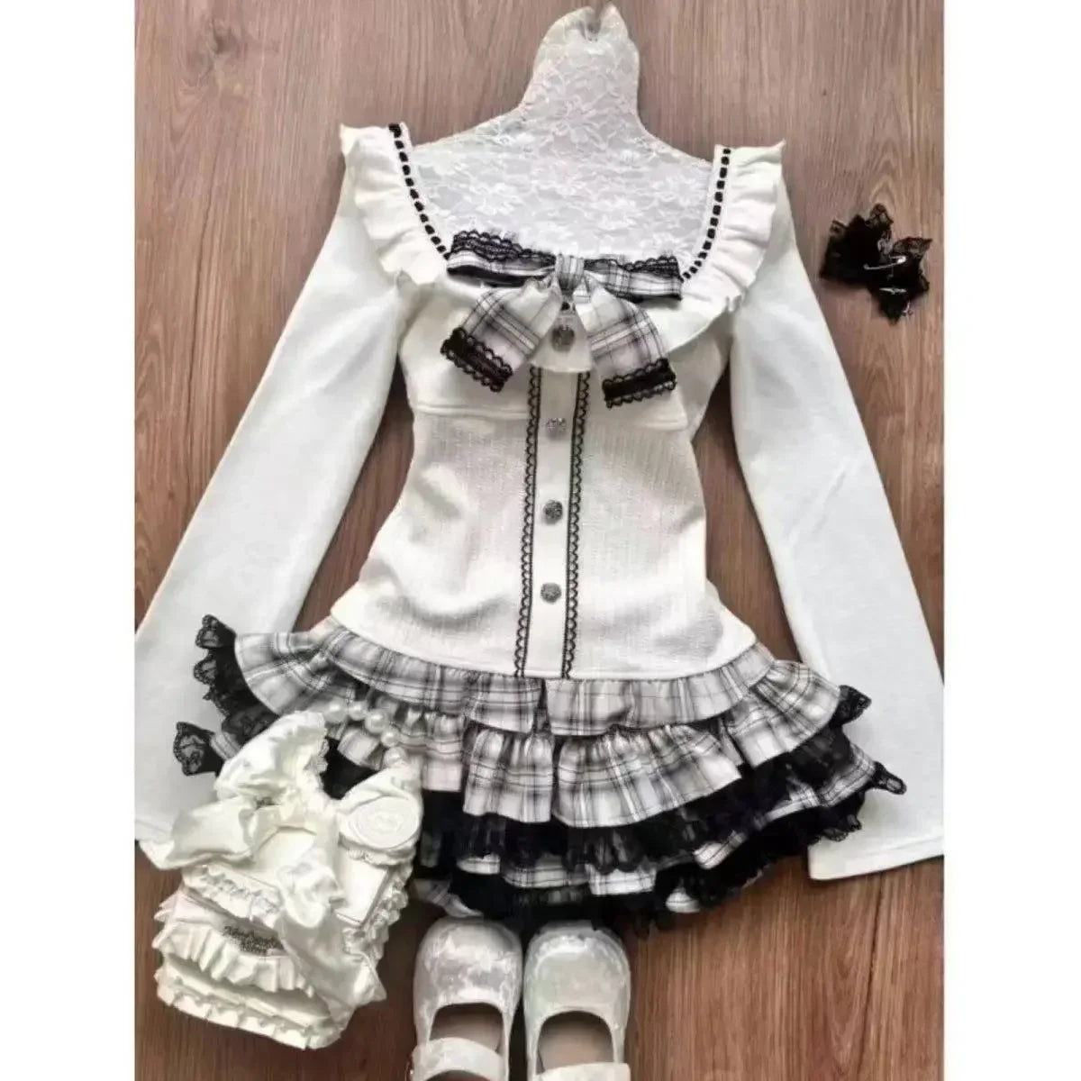 Vintage 3 Piece Skirt Suit Women Kawaii Ruffles Cardigan Outwear