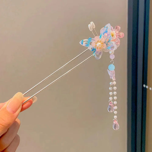 Elegant Chinese Style Hair Accessory Romantic Enameled Flower Tassel