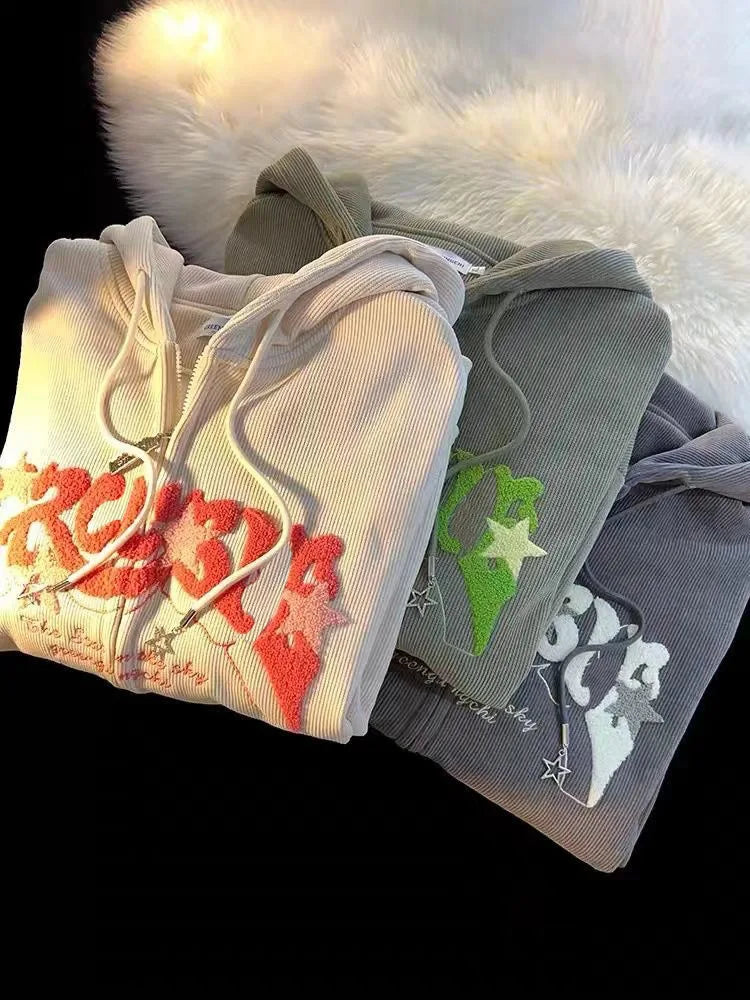 Autumn Long Sleeve Hooded Tops Fashion Zipper Embroidery Y2K Harajuku Streetwear Hoodies Jackrts Women Loose New Sweatshirts