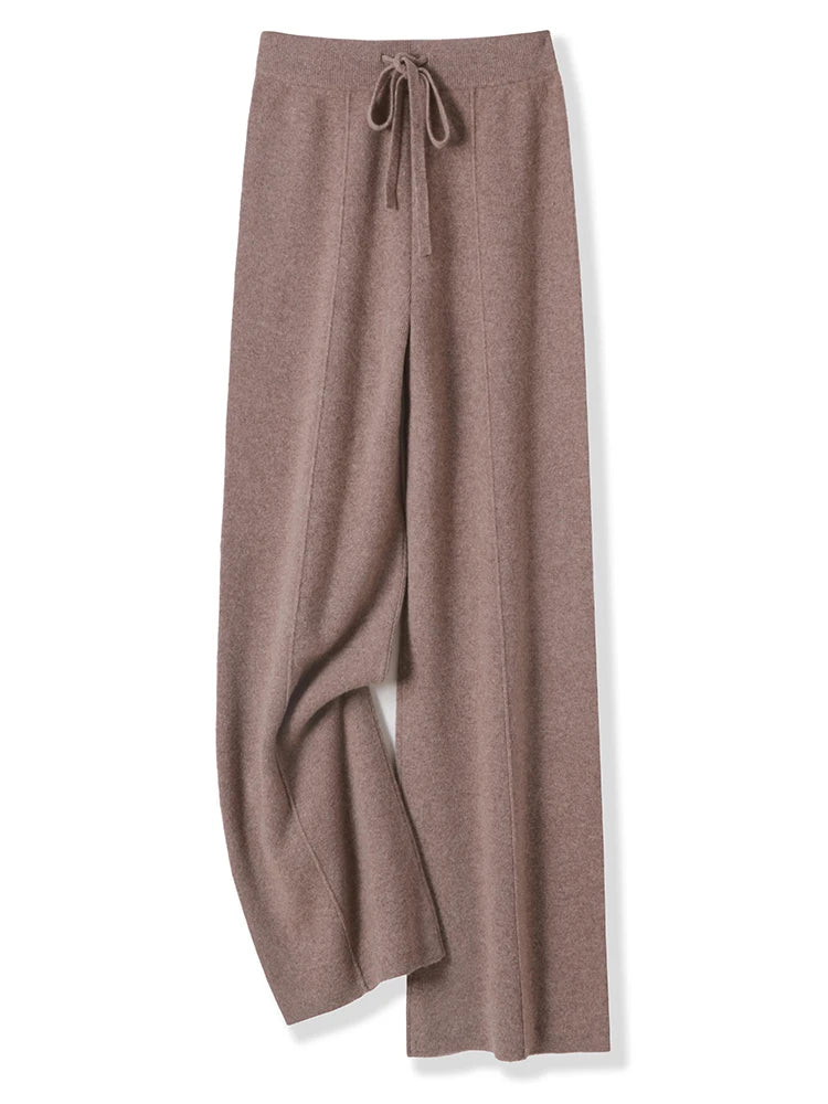Women 100% Merino Wool Knitted Wide Leg Pants Autumn Winter Basic Soft