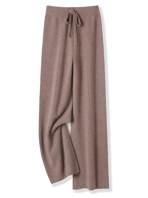Women 100% Merino Wool Knitted Wide Leg Pants Autumn Winter Basic Soft
