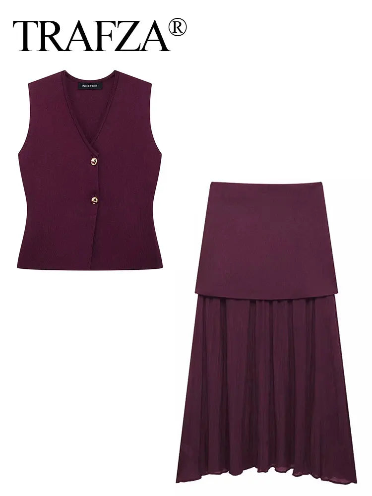 TRAFZA 2024 Women Skirt Set Wine Red Knitted V-Neck Sleeveless Slim