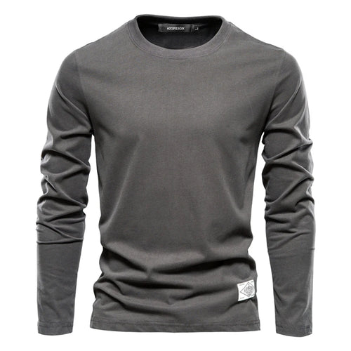 Men‘s T-shirts 100% Cotton Long Sleeve Casual Tops Solid Color High