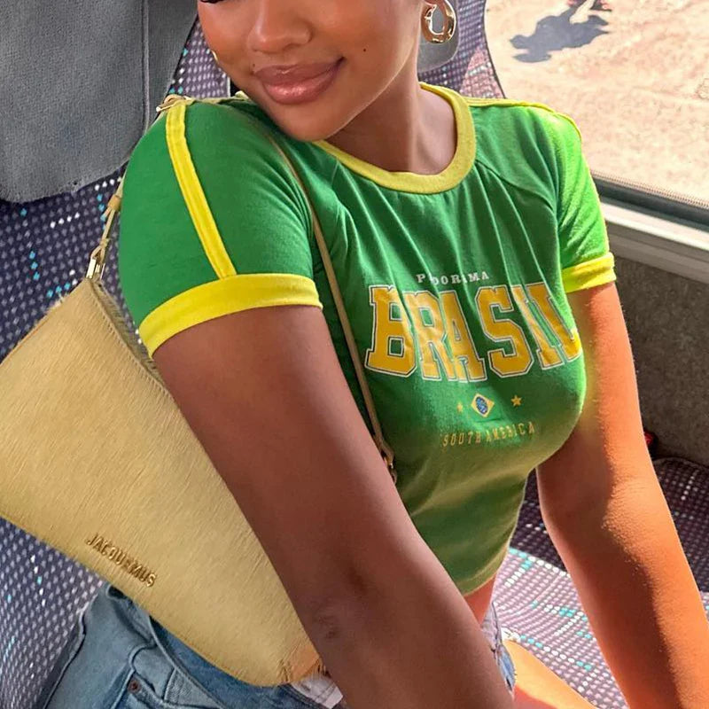 2024 Retro Street Aesthetic Baby T-shirt Women Green Brazil Letters
