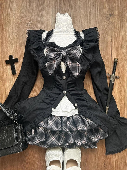 Vintage 3 Piece Skirt Suit Women Kawaii Ruffles Cardigan Outwear