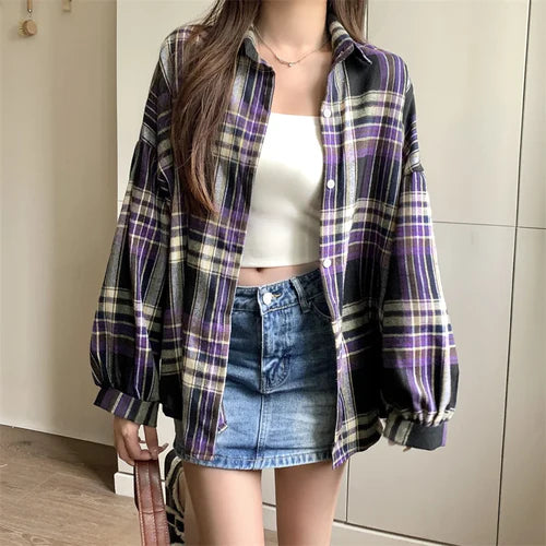 Plaid Shirt Women Autumn Long Sleeve Top Female Vintage Fashion Single