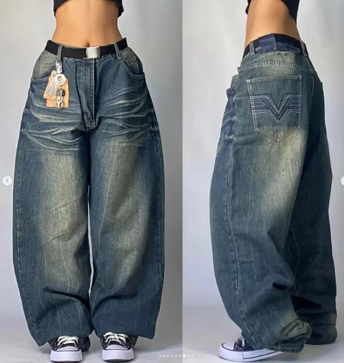 Y2K Men blue letter printed jeans high-end fashion hip-hop trend