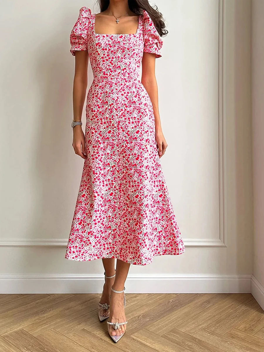 New Fashion Womens Summer Midi Dress Casual Short Puff Sleeve Floral