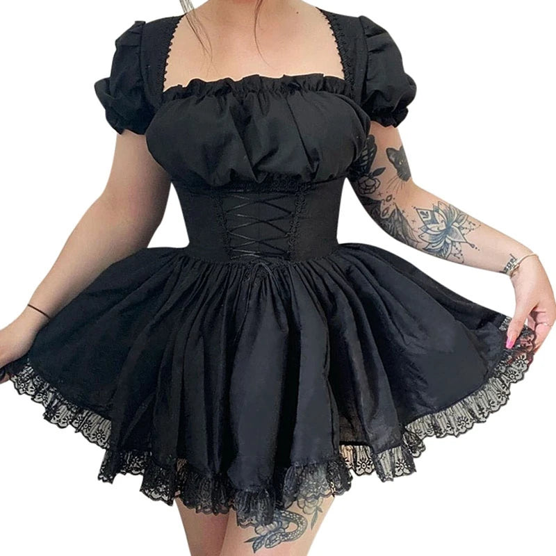 Women’s Sweet Puff Sleeve A-line Dress Summer Fairycore Lolita Solid