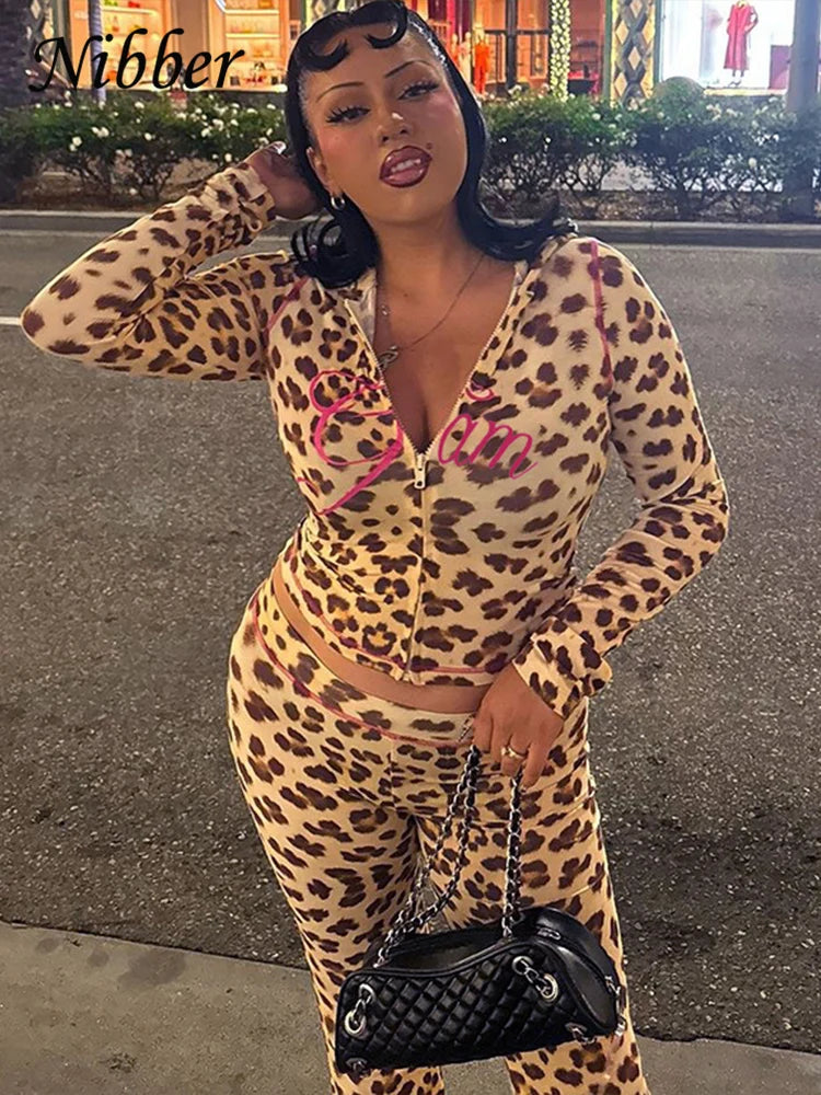 Nibber Leopard Print 2 Piece Set Women's Autumn Tracksuit Athleisure