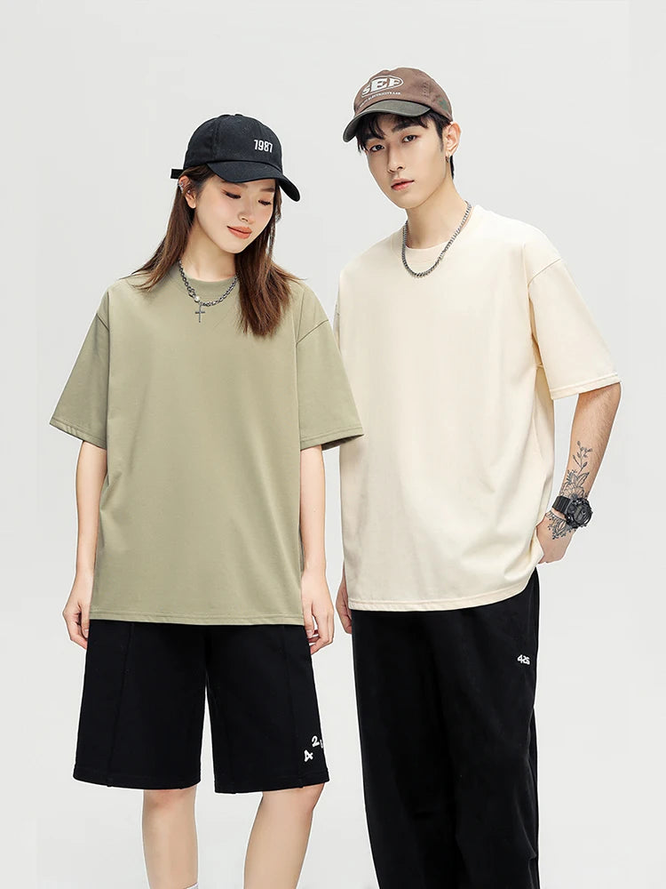 260G Heavy Cotton Summer T Shirt Men Korean Fashion Short Sleeve Loose