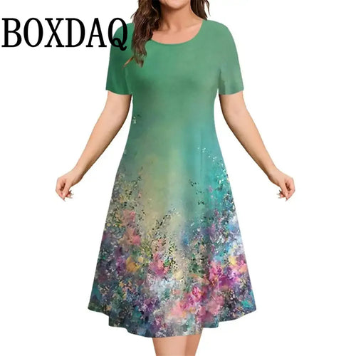 2025 New Women‘s Dresses 3D Flowers Pattern Print Short Sleeve Loose