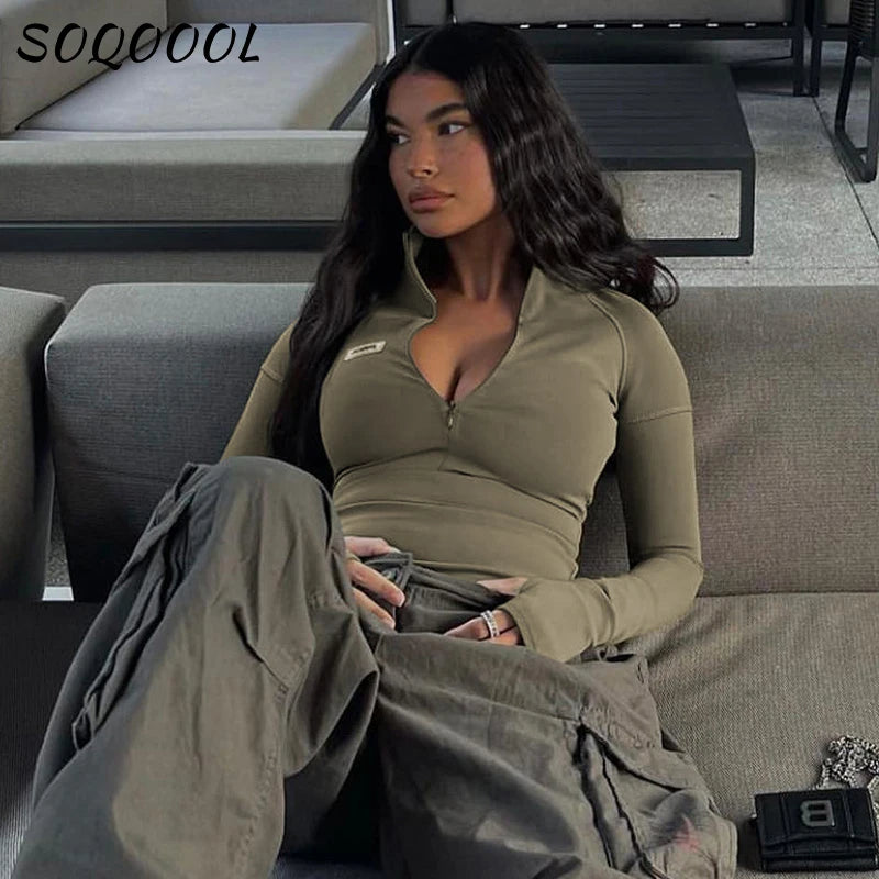 Y2k Long Sleeve T Shirt Women Stand Collar Skinny Zip Crop Tops