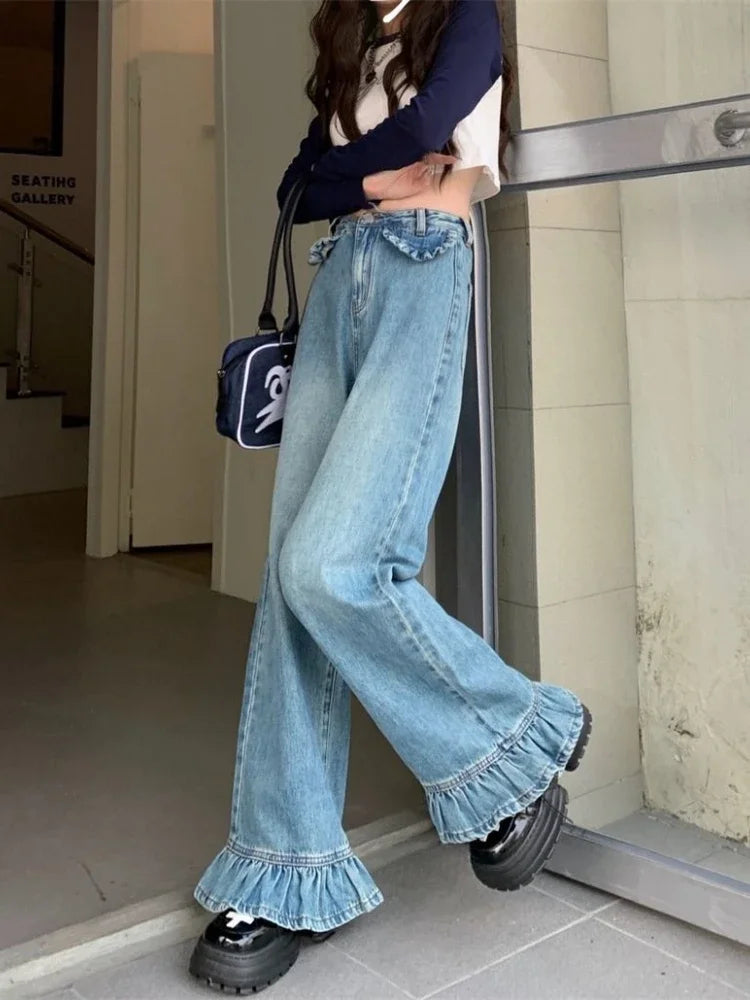S-4XL Flare Jeans Women Baggy Washed Vintage Harajuku Streetwear Full