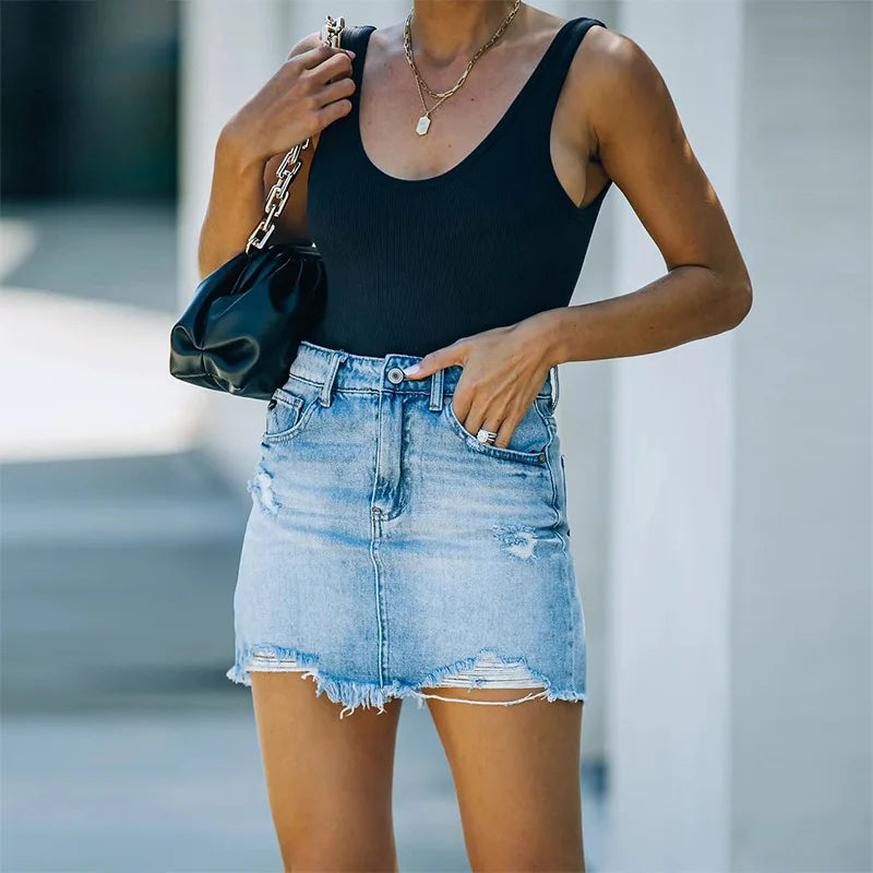 2023 Summer New Women's Denim Short Skirt Fashion Sexy Ripped Raw Edge