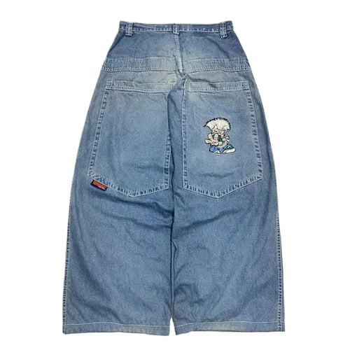 Japanese Kawaii Cartoon Characters Embroidered Light Blue Washed Baggy