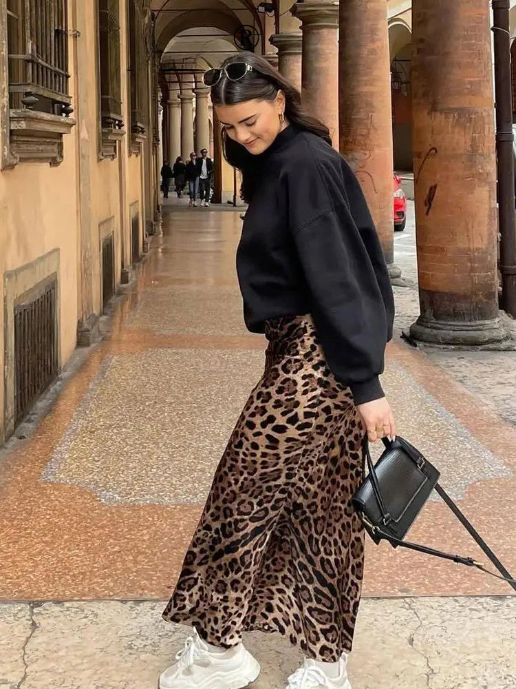 ASDS 2024 Women Fashion Leopard Print Skirt Vintage High Waist Midi