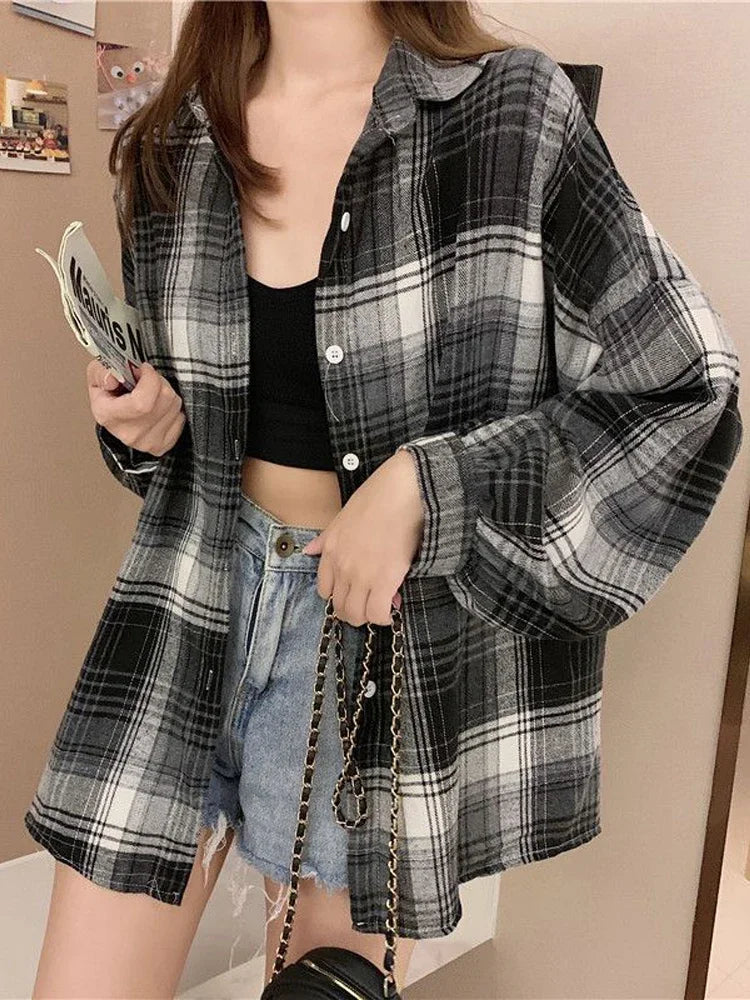 Plaid Shirt Women Autumn Long Sleeve Top Female Vintage Fashion Single