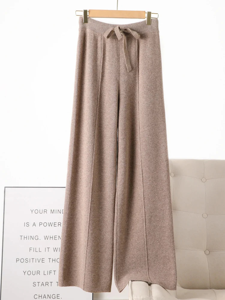 Women 100% Merino Wool Knitted Wide Leg Pants Autumn Winter Basic Soft