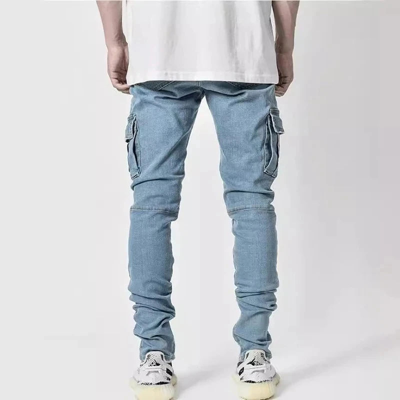 New Men's High Street Slim Fit Stretch Jeans Fashion Multi Pocket