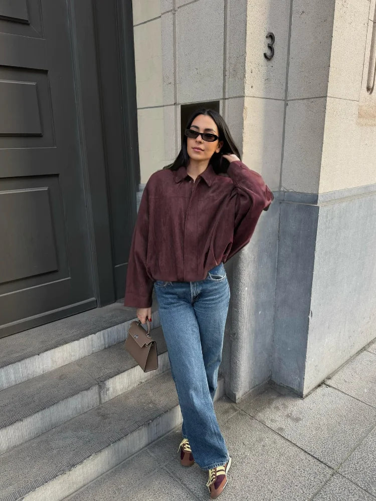 Women Green Suede Short Jacket Fashion Full Sleeve Zipper Lapel Pocket