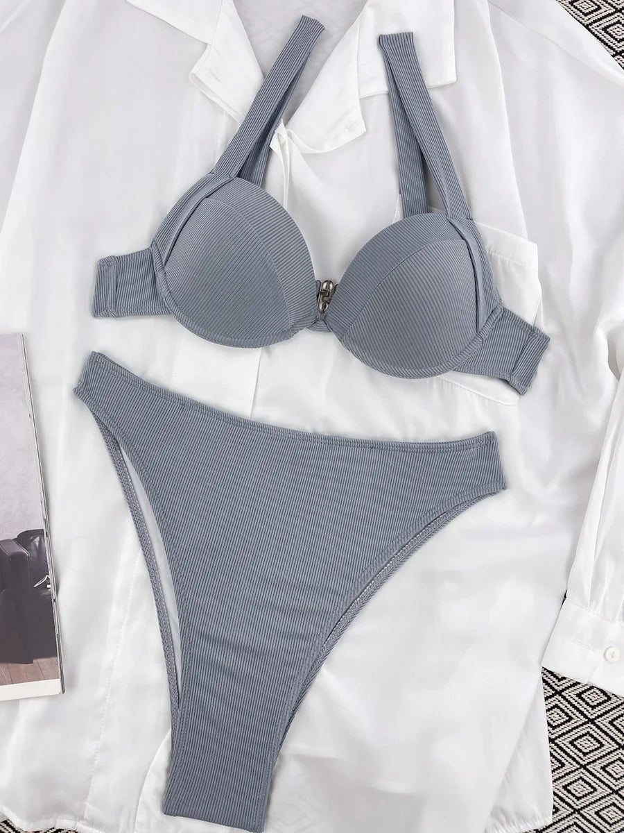 Sexy Ribbed Bra Cup High Waist Bikini Women Swimsuit Female Swimwear Two Pieces Bikini set Push Up Bather Bathing Suit Swim Lady