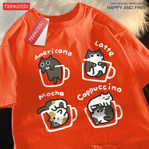 Cat Coffee Pure Cotton Trendy Summer Loose Short Sleeved T-shirt Men