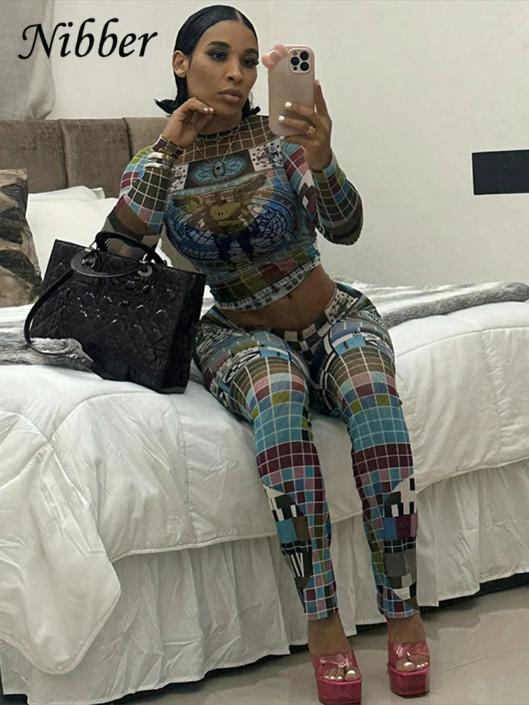 Nibber Pixel Print Mesh Women 2 Piece Set Tracksuit Colorful Full