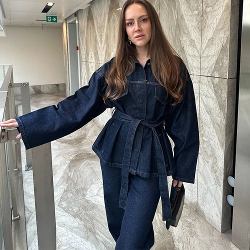 Vintage Belt Denim Jacket Pants Set Women Lapel Single Breasted