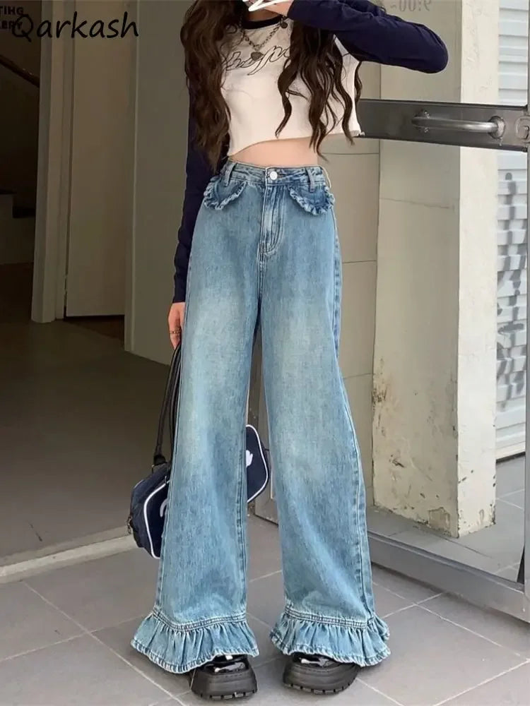 S-4XL Flare Jeans Women Baggy Washed Vintage Harajuku Streetwear Full