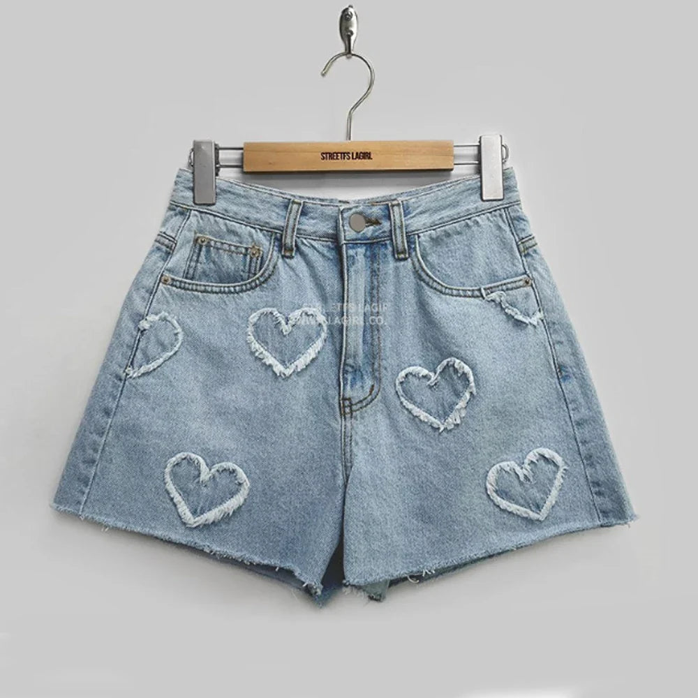 Korean Summer Y2K High Waist Jorts LOVE Heart Shaped Pattern Women's