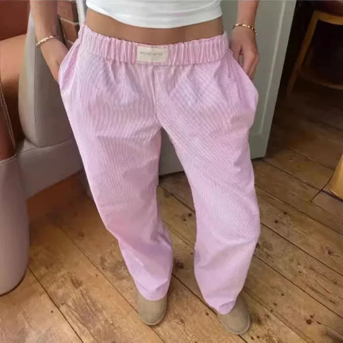 New Trendy Striped Print Long Pant Women Elastic Waist Drawstring Wide
